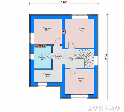Проект загородного дома с винтовой лестницей на мансардный этаж, раздельным санузлом, террасой  / План мансардного этажа