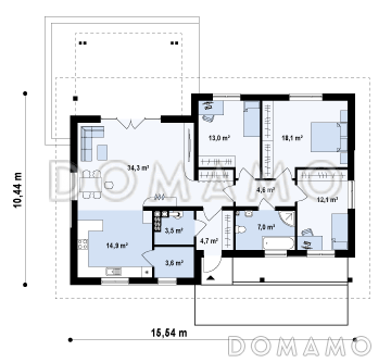 Проект практичного одноэтажного дома из кирпича с двумя частично крытыми террасами / План 1 этажа