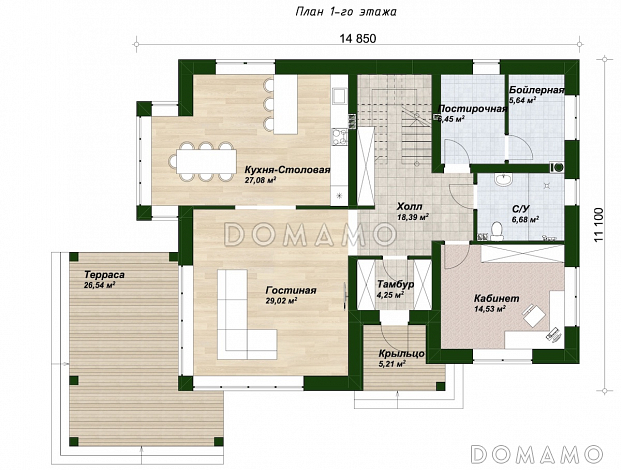 Проект двухэтажного дома с 3 спальнями, крытой террасой и панорамными окнами / План 1 этажа