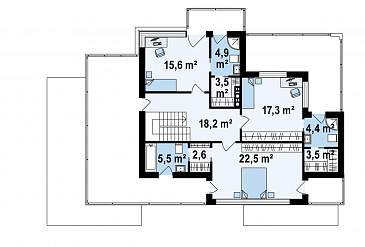 Проект просторного современного двухэтажного дома из кирпича, с пятью комнатами, гаражом и террасой над ним / План 2 этажа