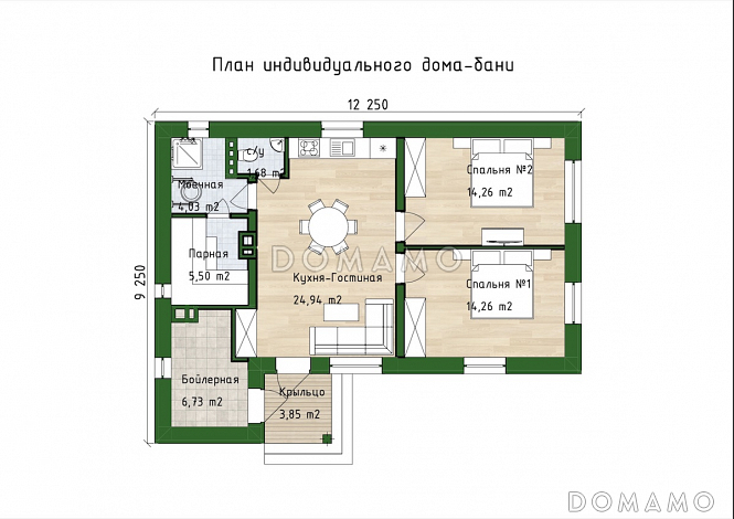 Проект компактного дома с сауной, парной, 2 спальнями и гостиной / План 1 этажа