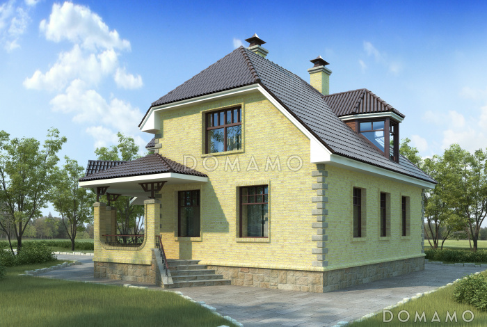 Проект коттеджа с вальмовой крышей и террасой.