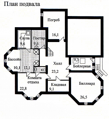 Проект дома из кирпича с необычной в плане каминной комнатой / План цокольного этажа