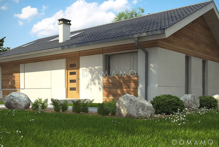 Проект аккуратного одноэтажного дома из газобетона с подземным гаражом и тренажёрным залом в подвальном помещении