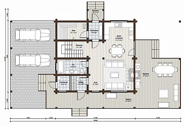 Проект дома с закрытым парковочным местом на две машины, огромной террасой и специально отведенным местом под барбекю / План 1 этажа
