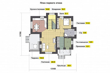 Проект дома с небольшой крытой террасой, эркерами, гостевой на первом этаже, кладовой под лестницей, кабинетом / План 1 этажа