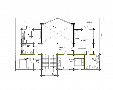 Проект двухэтажного дома из клеенного бруса со вторым светом и двумя балконами / План 2 этажа