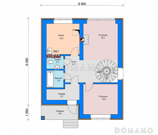Проект загородного дома с винтовой лестницей на мансардный этаж, раздельным санузлом, террасой  / План 1 этажа