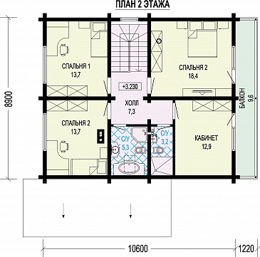 Проект двухэтажного дома в стиле шале из газобетона и бруса / План 2 этажа