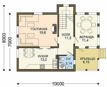 Проект дачного дома с остекленной верандой и мансардой / План 1 этажа