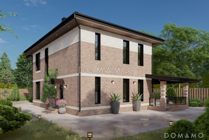 Проект дома из газобетона с 4 спальнями, кабинетом, вторым светом в гостиной и панорамными окнами