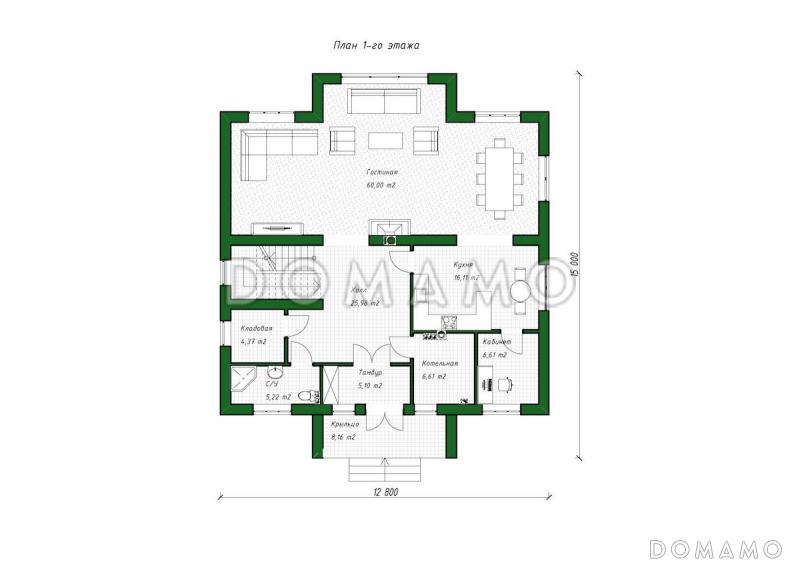Проект дома с 4 спальнями на мансарде, кабинетом, изолированной кухней и просторной гостиной-столовой / План 1 этажа