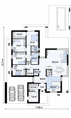 Проект просторного современного одноэтажного дома из кирпича с плоской крышей с четырьмя спальнями, террасой и крытым навесом для двух автомобилей / План 1 этажа