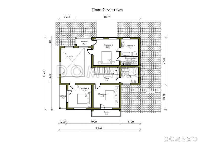 Проект двухэтажного дома из газобетона и бруса, с тремя балконами и террасой / План 2 этажа