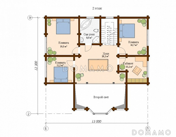 Проект дома с тремя спальнями и кабинетом / План 2 этажа