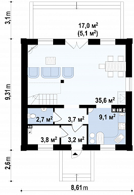 Проект загородного дома с просторной гостиной, балконом, террасой, изолированной кухней / План 1 этажа