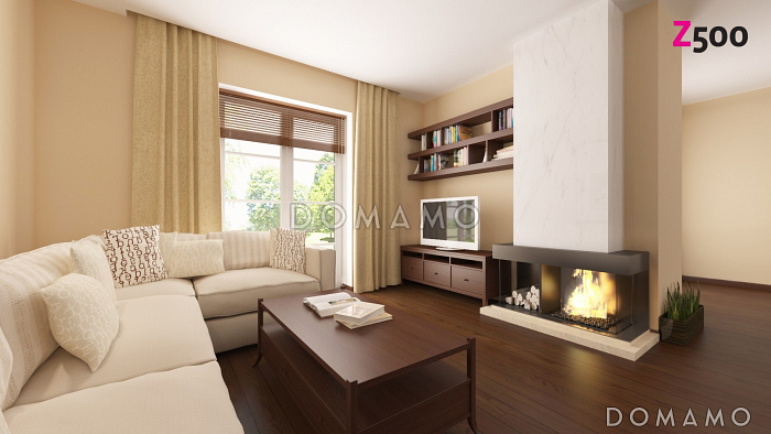 Проект одноэтажного мансардного дома из газобетона с двумя балконами и барбекю на террасе 