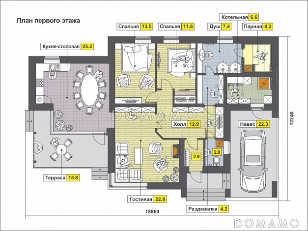 Проект одноэтажного дома с навесом для автомобиля, парной и душевой, двумя спальнями / План 1 этажа