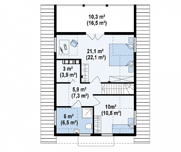 Проект компактного одноэтажного мансардного дома из кирпича с барбекю на крытой террасе / План мансардного этажа