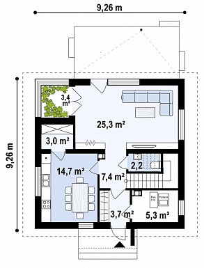 Проект мансардного дома с панорамными окнами / План 1 этажа