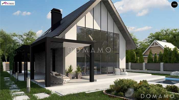 Проект одноэтажного мансардного дома из кирпича со вторым светом и панорамным остеклением гостиной