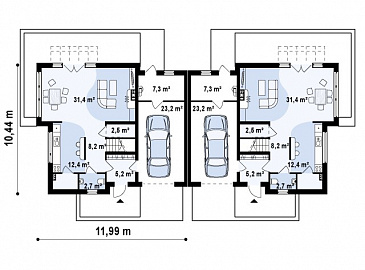 Проект современных мансардных домов-близнецов из кирпича с гаражом, тремя спальнями и балконом / План 1 этажа