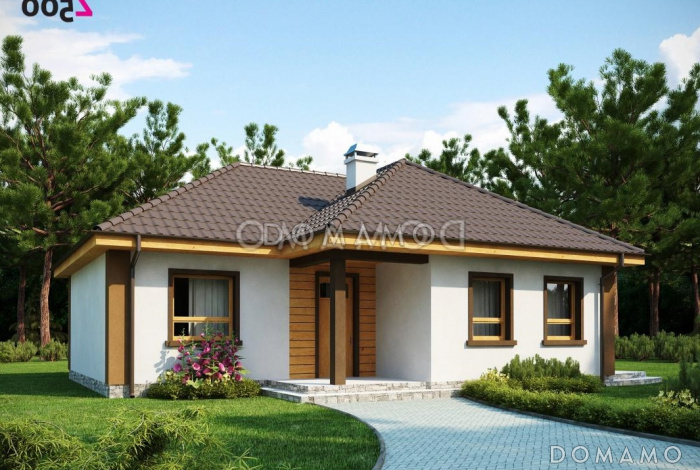 Проект небольшого одноэтажного дома из газобетона с тремя спальнями и красивой угловой террасой 