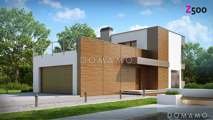 Проект современного двухэтажного дома из газобетона с тремя спальнями, пристроенным гаражом и террасой над ним