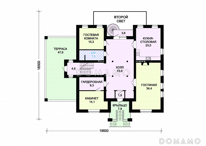 Проект кирпичного дома с воздушной оранжереей / План 1 этажа