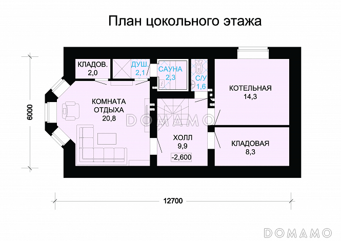 Проект гармоничного, кирпичного дома с эркером, сауной и коричневой крышей / План цокольного этажа