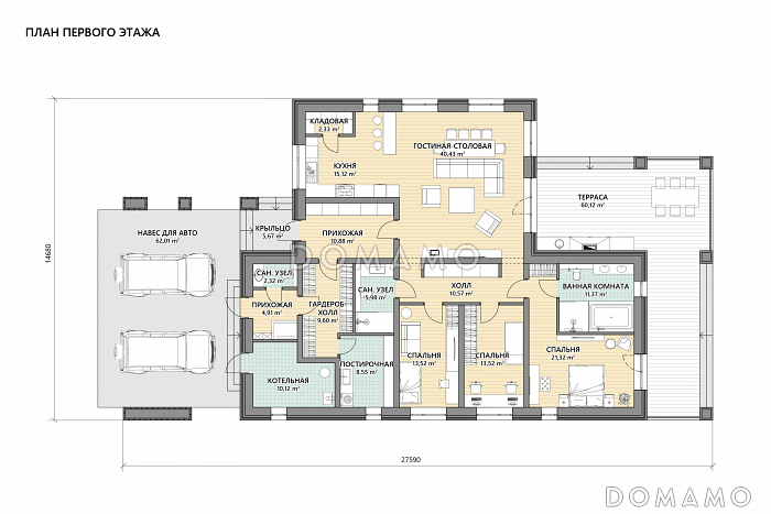 Проект одноэтажного дома с тремя спальнями, крытой террасой, навесом для двух автомобилей / План 1 этажа