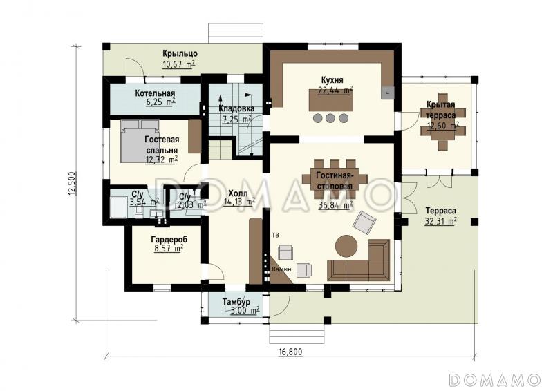 Проект дома для семьи от четырех человек с террасами, просторной кухней-столовой, хозяйской спальней на втором этаже / План 1 этажа