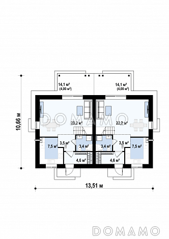 Проект двухсемейного дома из газобетона с тремя спальнями на мансарде / План 1 этажа