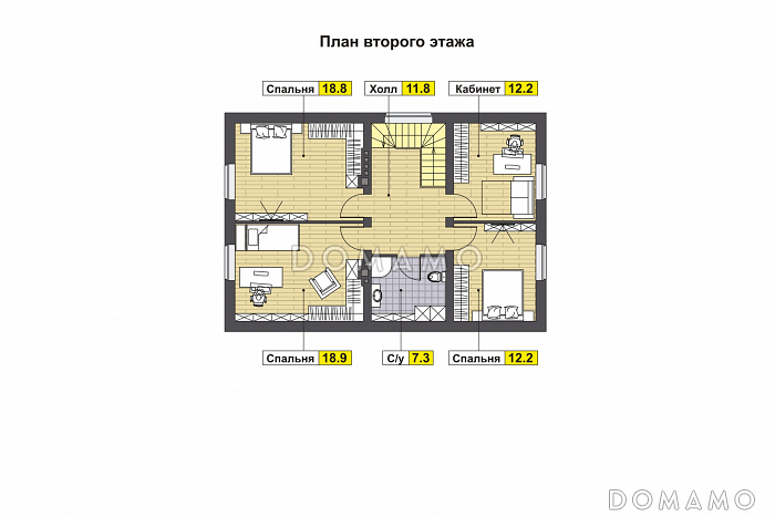 Проект дома с эркером в кухне, двумя спальнями на первом этаже, гостиной с камином, террасой / План мансардного этажа