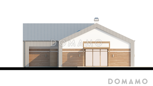 Проект углового одноэтажного дома из газобетона с облицовкой деревянной вагонкой и с гаражом на два автомобиля / Фасад 3