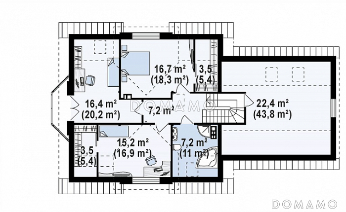 Проект одноэтажного мансардного дома из газобетона с кабинетом, эркером, балконом над ним и гаражом на два автомобиля / План мансардного этажа