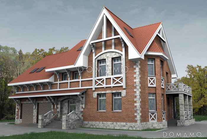 Проект загородного дома с эркером, с гаражом на две машины, двумя большими балконами и террасами