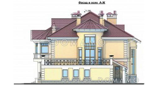 Проект коттеджа с двусветной гостиной, гаражом и террасой / Фасад 3