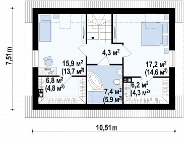 Проект простого одноэтажного мансардного дома из газобетона с тремя спальнями и индивидуальными гардеробными  / План мансардного этажа