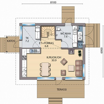 Проект двухэтажного каркасного дома c рациональной планировкой / План 1 этажа