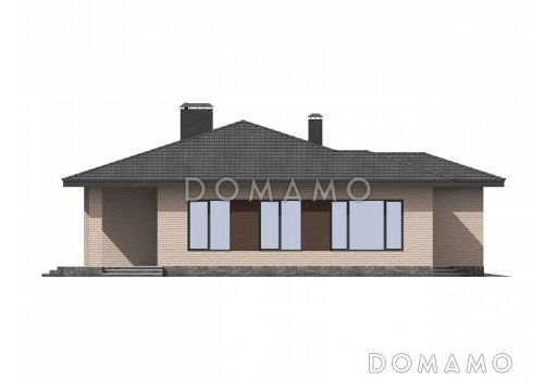 Проект одноэтажного дома с гаражом на один автомобиль, террасой, детскими комнатами, просторной гостиной / Фасад 2