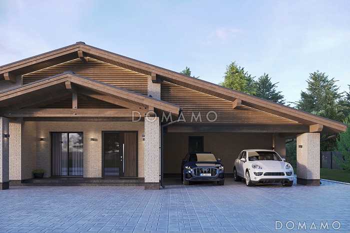 Проект современного дома с сауной, крытой террасой с барбекю, навесом для двух машин и 4 спальнями