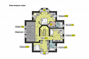 Проект дома с цокольным этажом, бассейном и сауной, кухней с эркером, открытой террасой, бильярдной на мансарде / План 2 этажа