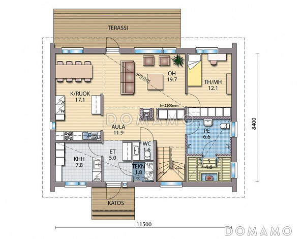 Проект каркасного дома с сауной до 200 м.кв / План 1 этажа