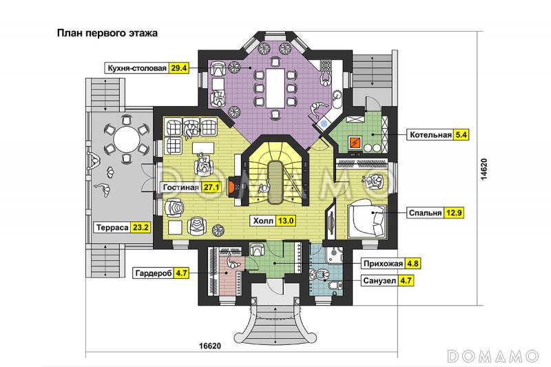 Проект дома с цокольным этажом, бассейном и сауной, кухней с эркером, открытой террасой, бильярдной на мансарде / План 1 этажа