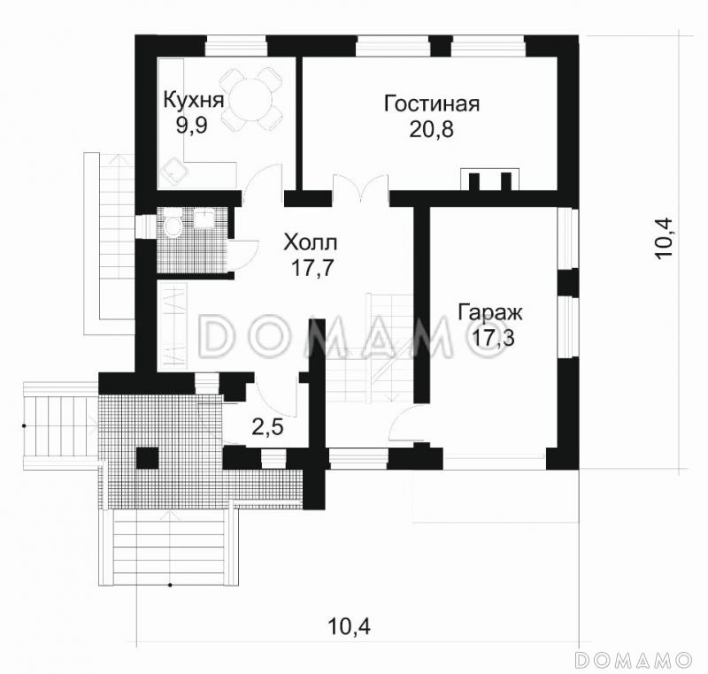 Проект дома из кирпича с небольшой кухней / План 1 этажа