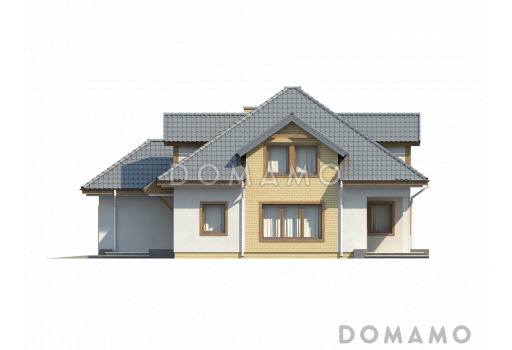 Проект мансардного дома из газобетона с кабинетом, гаражом и техническим помещением / Фасад 4