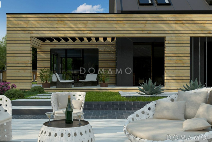 Проект современного двухэтажного дома из кирпича с комбинированной крышей