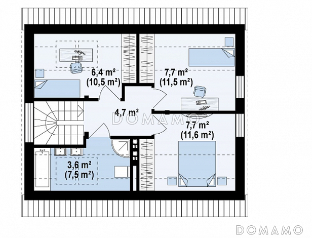 Проект компактного одноэтажного мансардного дома из газобетона с дополнительной спальней на первом этаже и тремя спальнями на мансарде / План мансардного этажа