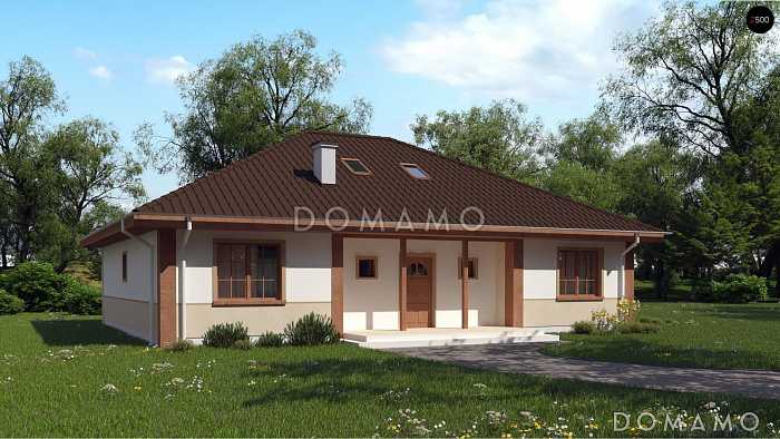 Проект одноэтажного дома из кирпича с мансардой и зоной барбекю на террасе